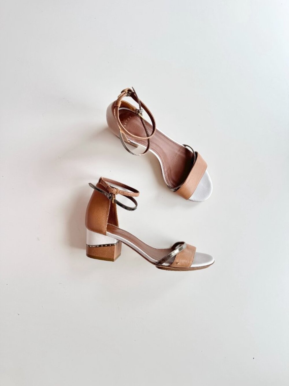 MAIYET Tan White Gold Colorblock Studded Stacked Block Heel Sandals, Size 39